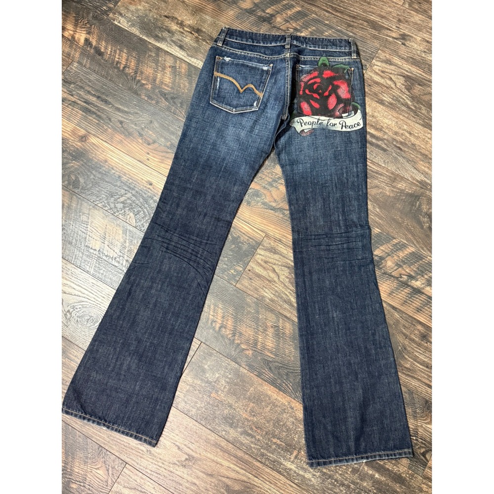 People for Peace Los Angeles Rose Graphic Flare Jeans Dark Wash Womens Size 27